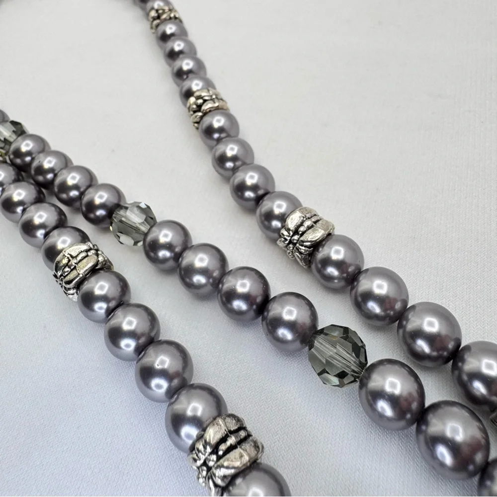 Gray Glass Pearl Necklace Crystal Beads Silver Spacer Statement Necklace Beaded